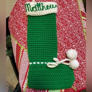 VINTAGE knitted Christmas stocking 1980 personalized for MATTHEW green/white
